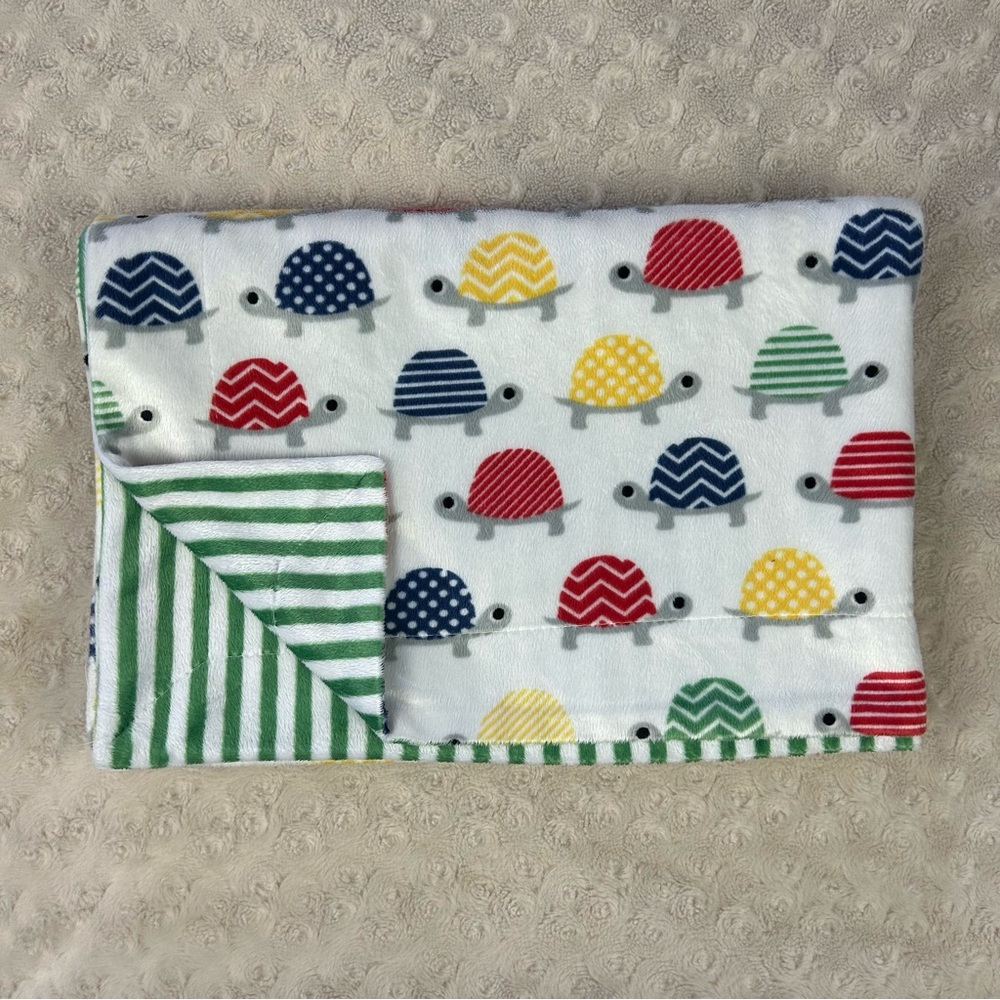 Turtles Baby Blanket Green White Stripes Red Yellow Blue Polka Dots Gray Lovey